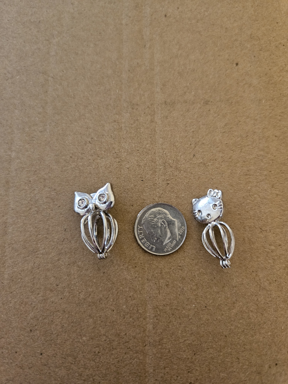 Silver Kitty & Owl Drop Charm Pair - Silver Tone